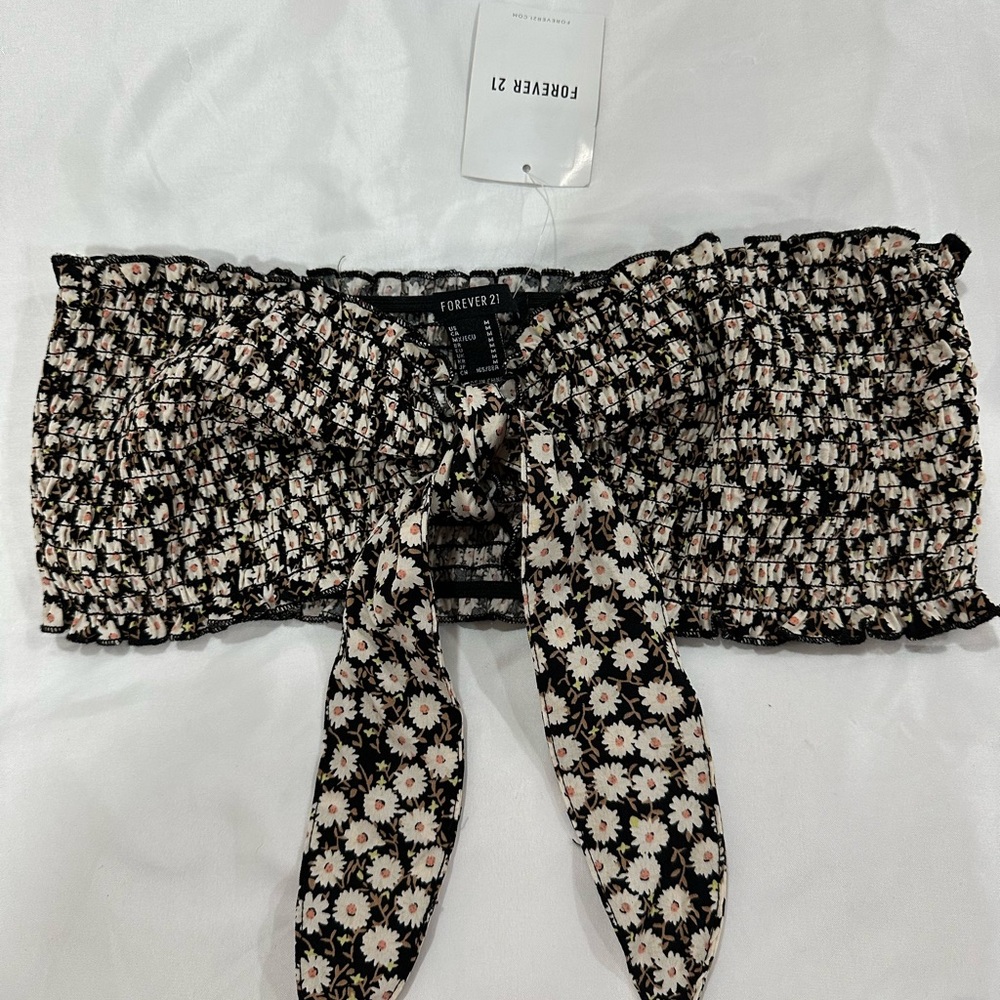 Forever 21 Black Floral Smocked Bandeau Top